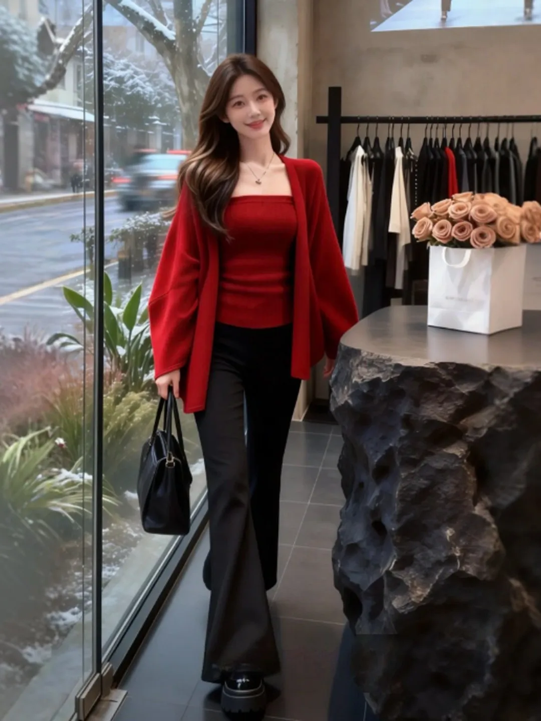 

Ретро-стильный красный вязаный кардиган и топ-бюстье: комплект из двух предметов, омолаживающий эффект, модная женская одежда Весна 2026