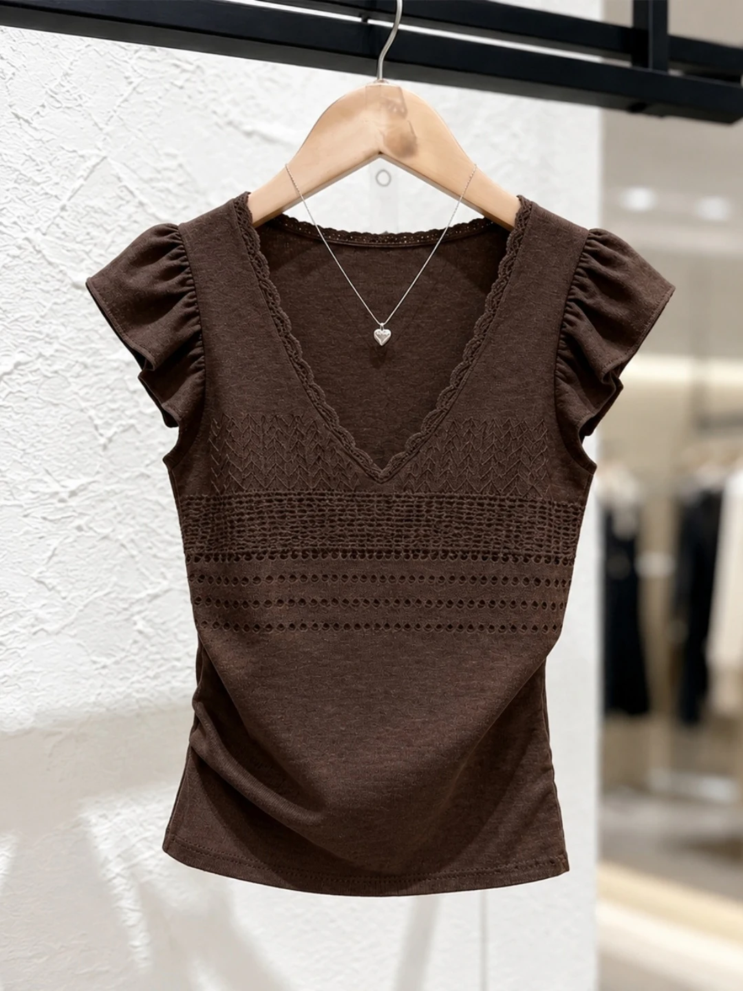 

Slimming Ice Silk Knit Top with V-Neck And Fairy Sleeve Korean Style Women's Summer Fashionable Small Shirt by Shiyilin