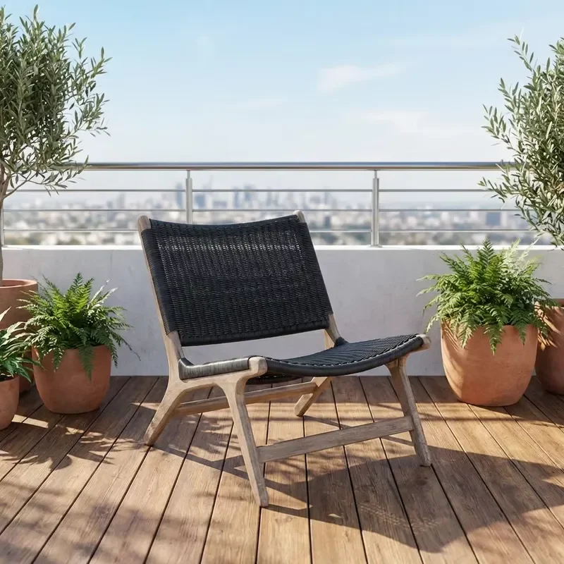 Low Profile Relaxing Slanted Seat Balcony Terrace Small Sofa Chair Furniture Rattan Rope Weaving Outdoor Teak Chair