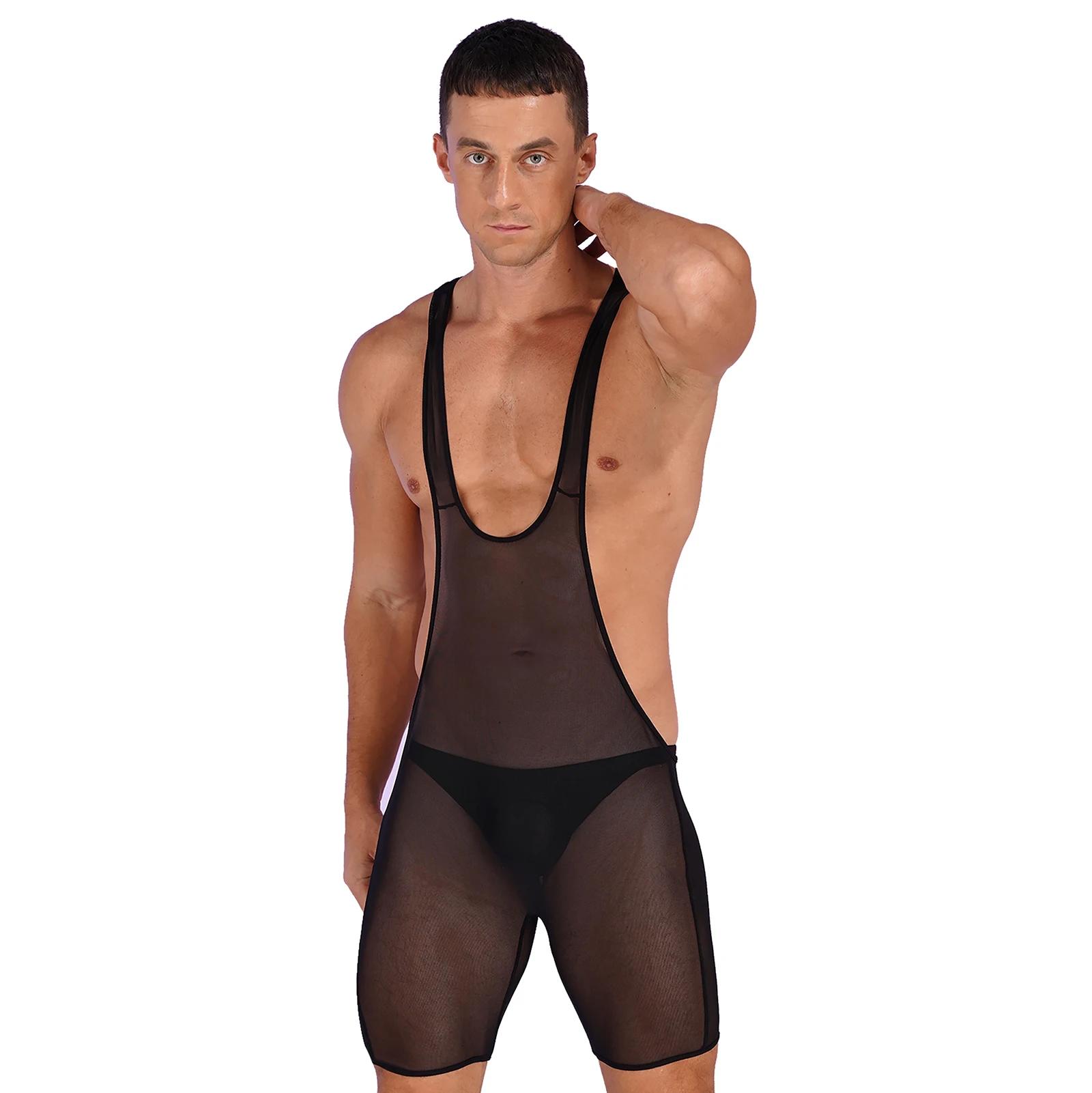 Mens Mesh Sexy Jumpsuit See-Through Deep U Neck Bodysuit Romper Wrestling Singlet Nightwear Nightclub Stage Performance Costume