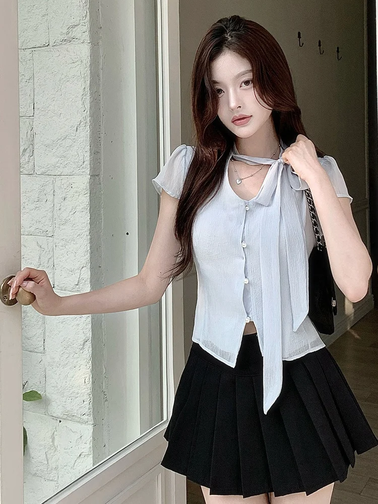 

Chic Sweet Netie Knot ort Sve irt для женщин Sli Универсальный дизайн для поездок на работу Slim Fit Pure Color But...