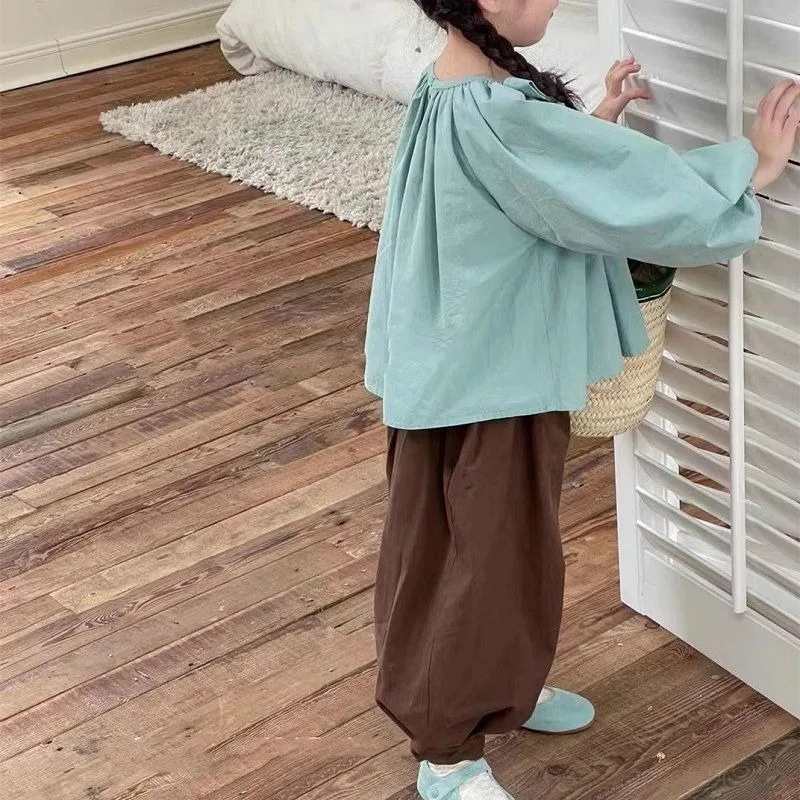 Girls' Set Japanese Loose Top with Lantern Pants 2026 Spring and Autumn Collection New Solid Color Children's Clothing