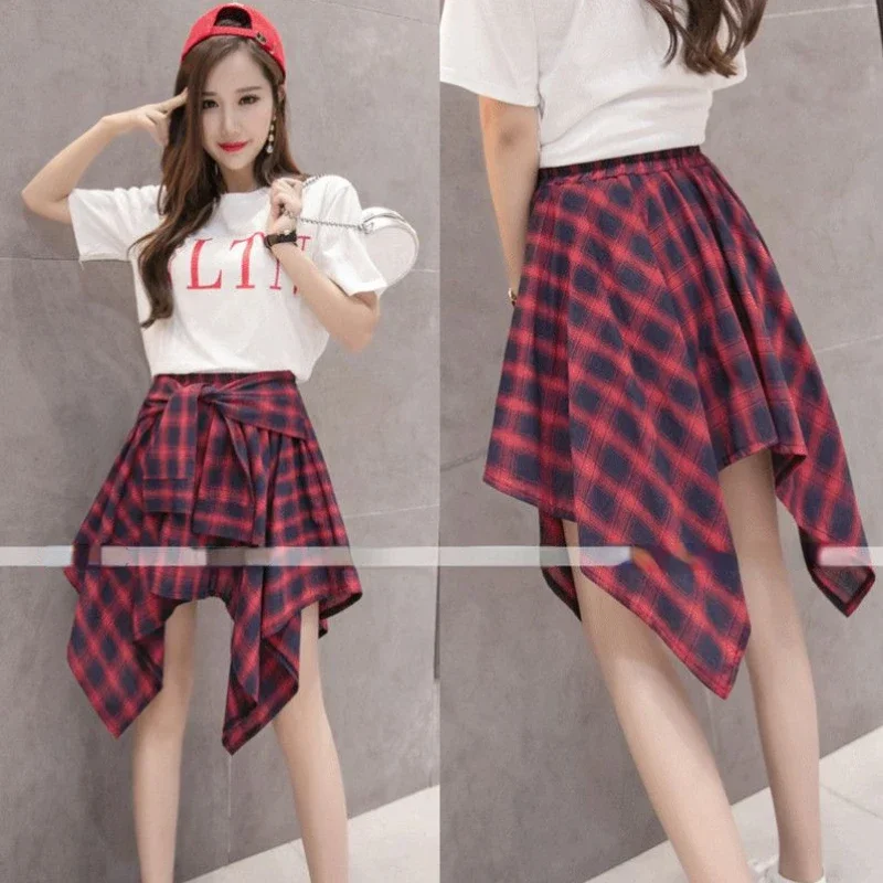 Plaid Skirt Women Pleated Lace-up Tie Mini Skirt Y2k Streetwear Harajuku Vintage Irregular Sports Street Women Fart Curtain