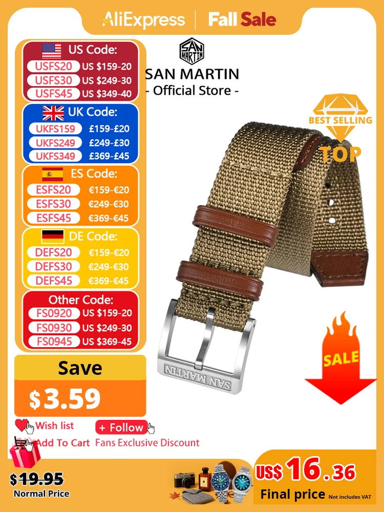 

San Martin High Quality Nylon Strap 20mm Pilot Military Watch Band Universal Type Fashion Sports Strap 316L Buckle Watch Parts