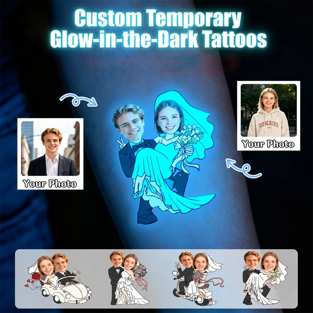 Custom Glow-in-the-Dark Temporary Tattoos – Personalized Photo Tattoos for Couples, Wedding Gifts, Waterproof Luminous Stickers