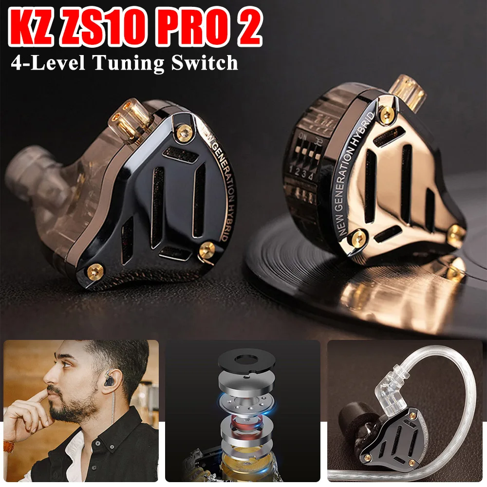 KZ ZS10 PRO 2 Wired Earphones 4-Level Tuning Switch Noise Cancelling HIFI Bass Metal Hybrid In Ear Sport Music Gaming Headset