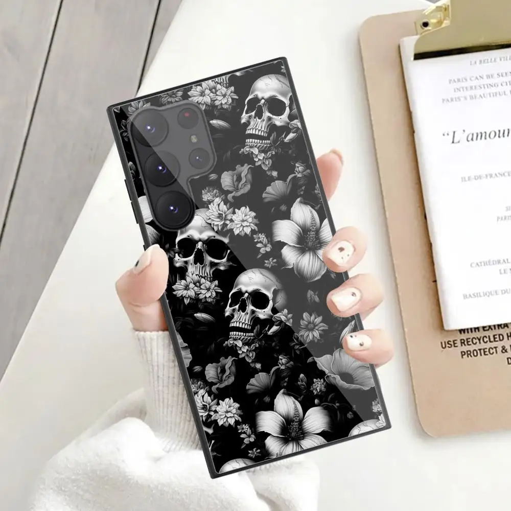 Horror Skeleton Phone Case For Samsung Galaxy S24 S23 S22 S21 S20 Ultra FE Plus Black Glass Case Cover