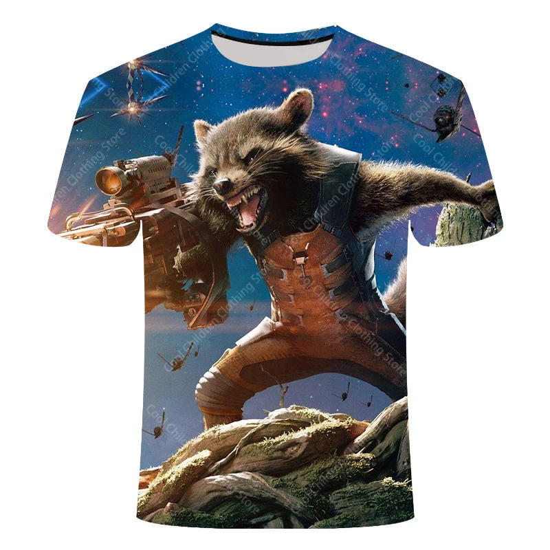 24 New Summer Boy Girl Marvel Rocket Raccoon And Tree Gru Tees Short Sleeve Guardians of the Galaxy Parent Child Clothing Top