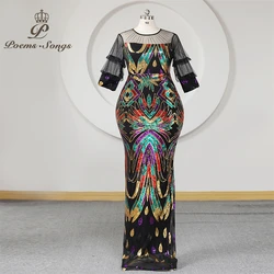 Half Black Fashion Evening Dress African See Through Sequined Prom Dress Formal Party Dress Robe De Soiree De Mariage Maxi dress