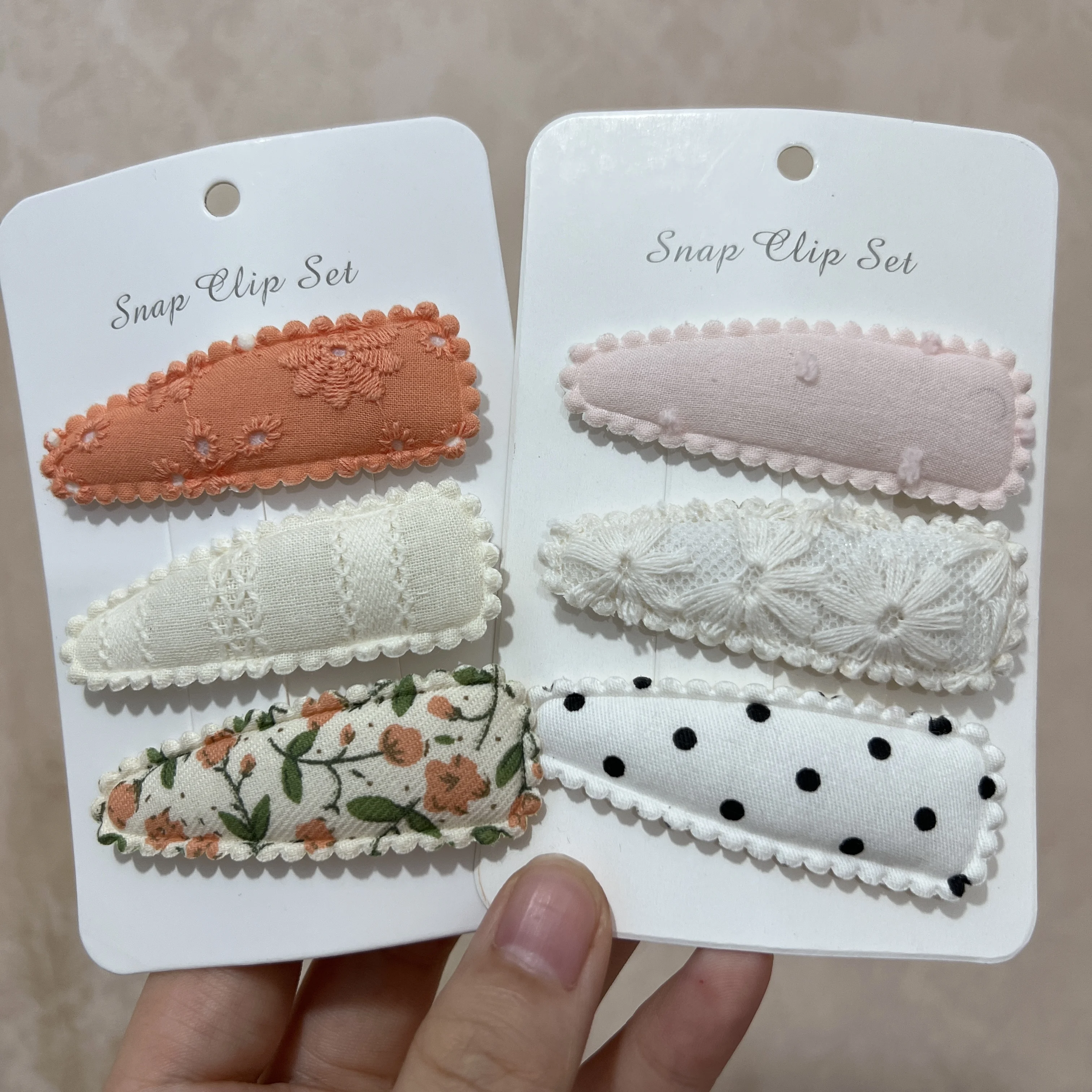 2Sets/Lot Basic Snap Baby Girl Hair Drop Clips Boutique Flower Print Bobby Hairpin Lace Sweet Cute Plain Hair Bow Hairgrips