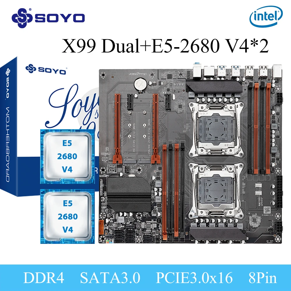 

Игровой комплект материнской платы SOYO X99 с двумя процессорами Intel Xeon E5 2680 V4*2 и оперативной памятью DDR4 8G*2, M.2 USB3.0 NVME для настольного компьютера