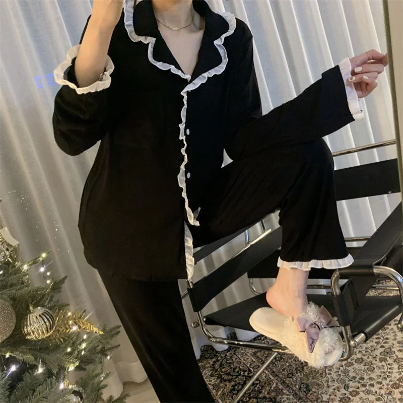 Black long-sleeved Loungewear Soft Casual Pajama Pants Two-piece Set Lace Spring and Autumn Cardigan Sweet Sleepwear for Women