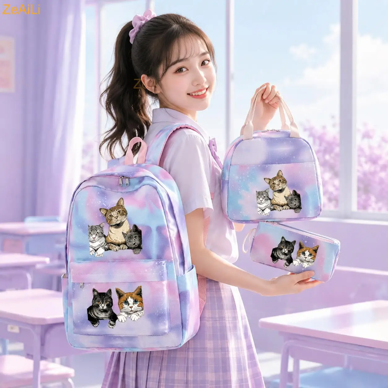 3Pcs Cute Cat Puppy Maltese Dog Teenager Backpacks with Lunch Bag Colorful Travel Bag Girls School bags Mochilas Sets