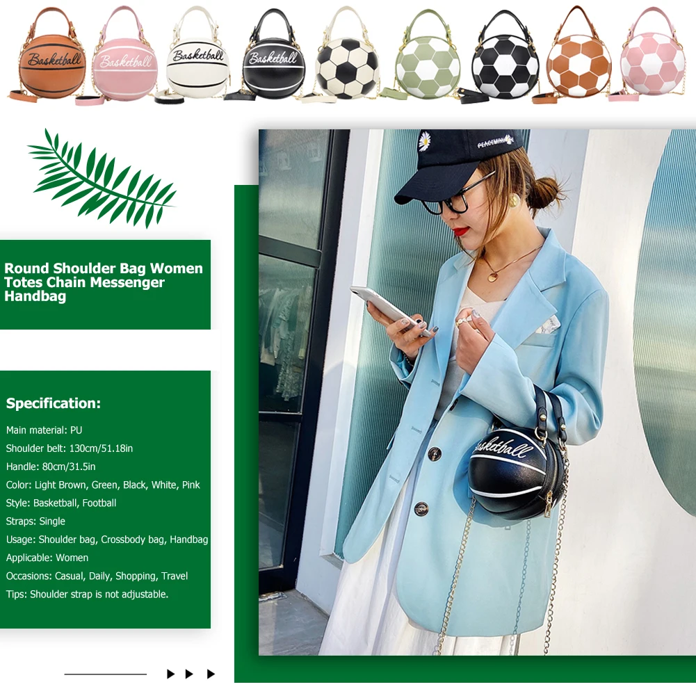 

Women Football Totes Chain Messenger Handbag Purse Popular Simple Female Daily Bag Round Basketball Shoulder Bag