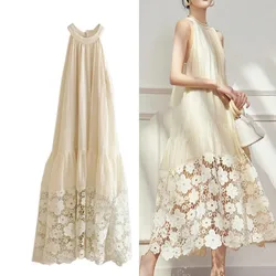 Fashion Embroidery Flower Lace Hollow Out Summer Dress Casual Lace-up Sleeveless Loose Holiday Sundresses Beach Dress