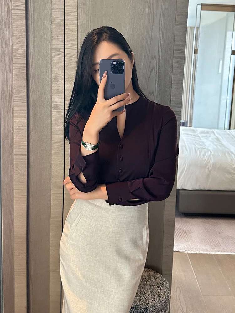 

Ele Purple Long Sve V-Ne White irt Women's Premium Feel Spring Summer Faion Casual Busin Office Wear