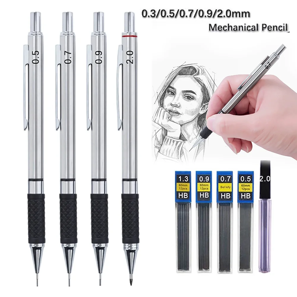 

0.3/0.5/0.7/2.0mm Mechanical Pencil Set Metal Art Drawing Painting Pen Stationery