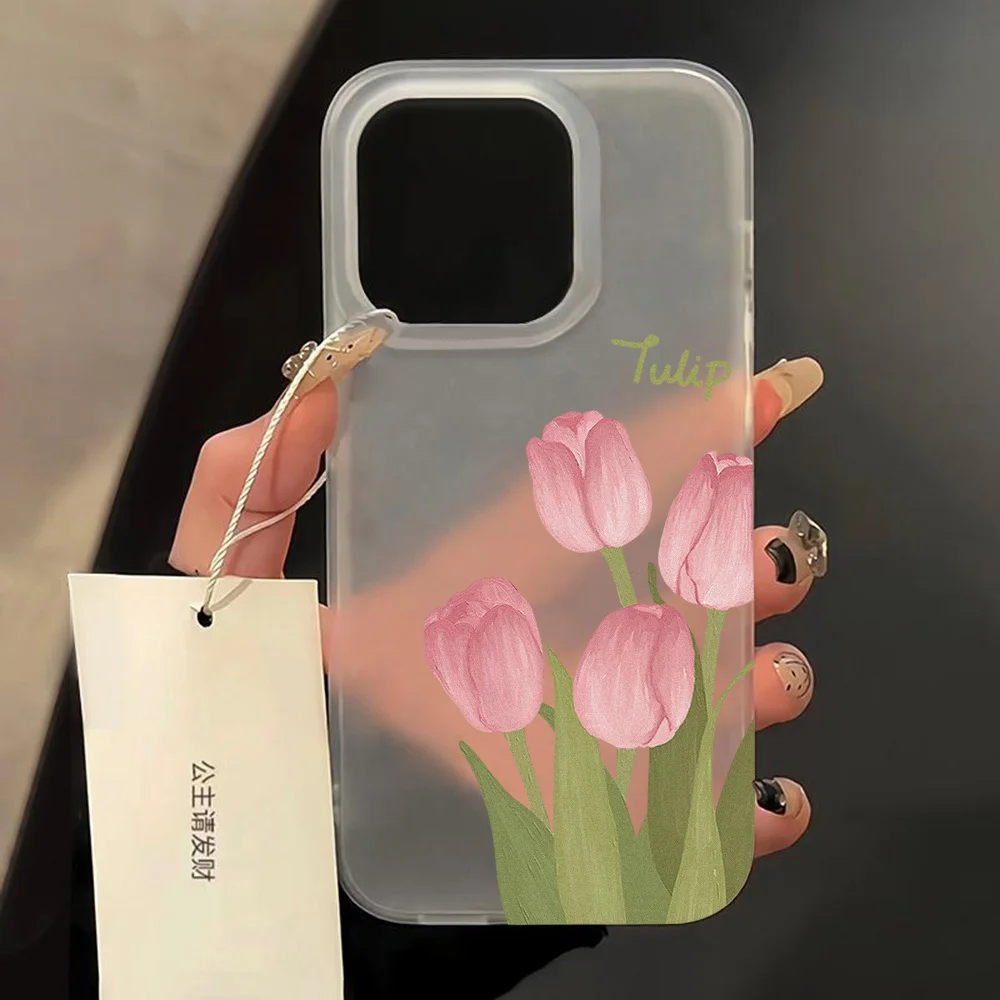 Matte Transparent Soft Silicone Phone Case For iPhone 16 15 ProMax 13 14 12 11 ProMax 12 13 Mini Tulip Silicone Shockproof Cover