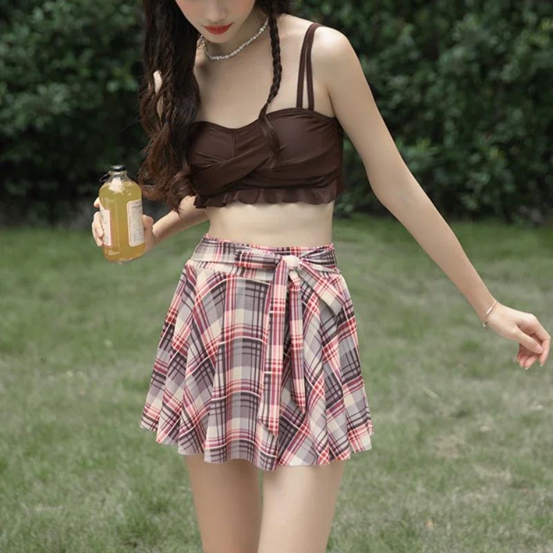 

Woman Swimwear with Cover Up Vintage Sexy Three-piece Skirt Swimsuit Solid Suspenders Bandage Plaid Folds Summer Beachwear 2024