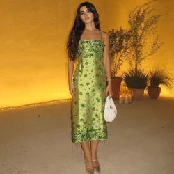Satin Luxury Cocktail Dresses 2025 Sheath/Column Birthday Dress Green Spaghetti strap Rhinestone/Crystals Beads Party Gown Midi