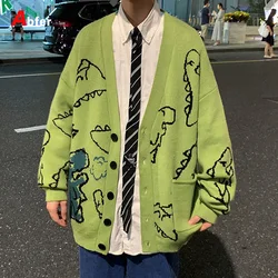 Autumn Oversize Cardigan Men Knitted Dinosaur Sweater Streetwear Loose Male Women Coat 2024 Doodle Hop Pattern Winter