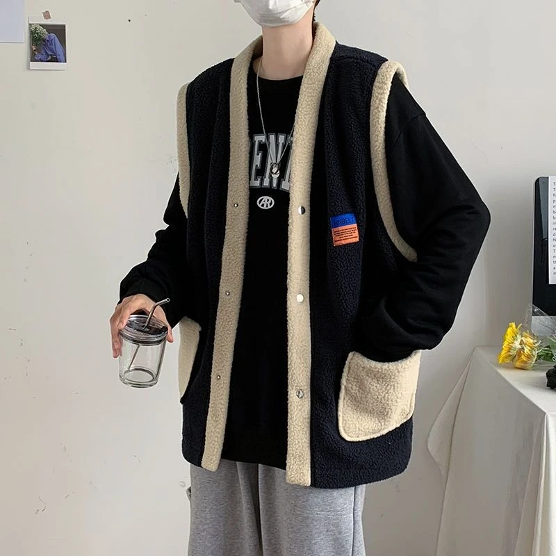

New Arrival Autumn Winter Men's Loose Faux Lamb Wool Sleeveless Vest Ins Style Japanese Inspired Retro Furry Outerwear