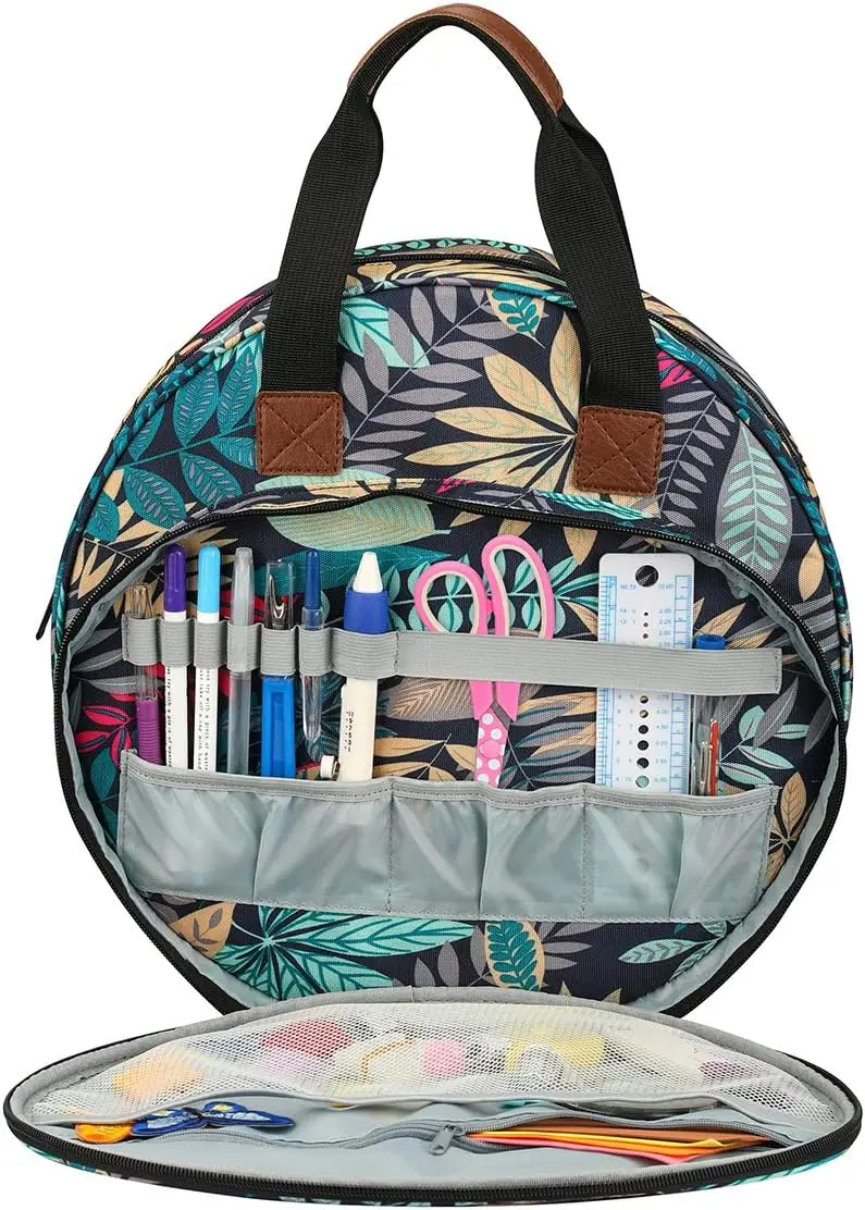 

Embroidery Project Bag with Blue Leaf Design, Multifunctional Storage for Crochet Hooks and Sewing Accessories