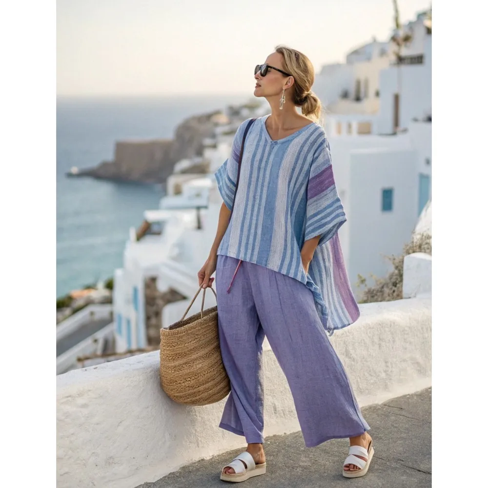 

Beach Holiday Women Suit Striped Printed T-shirt+Pocket Wide Leg Pants Casual Loose 2 Piece Sets Outfits Ladies Seaside Vacation