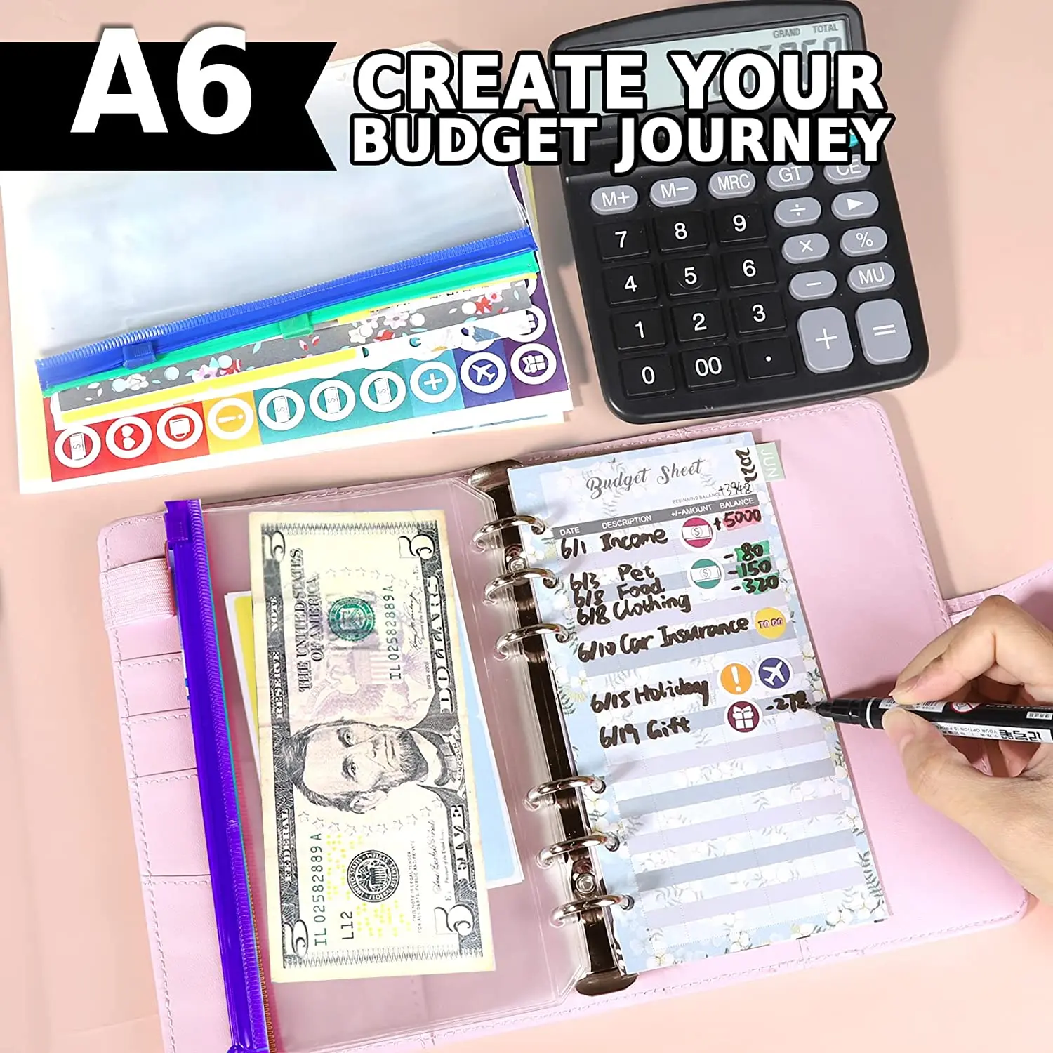 A6 Budget Binder Colorful Zipper Cash Envelopes Money Saving, Budget Sheets,Word Label,Month Tabs,Flag Label for Travel and Work