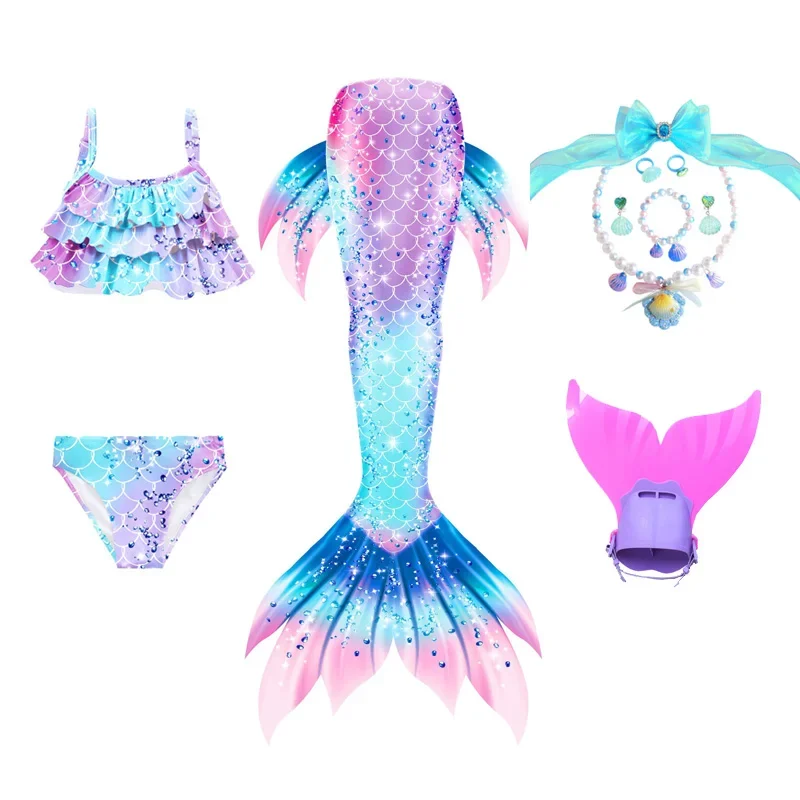 Mermaid Tail Costume para meninas, cosplay, pode ser adicionar monofin, fantasia infantil, festa na praia, biquíni, halloween, verão, 3 peças