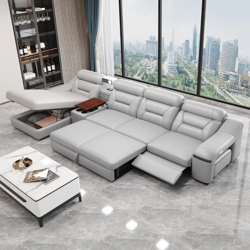 Linlamlim Modern Convertible Leather Sofa Bed, Sectional Sofa with Reclining Seats and stools, Comfortable Multifunctional Couch