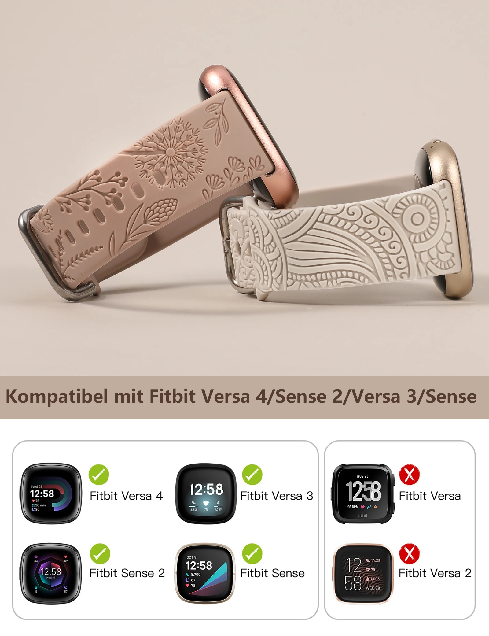 Wearlizer 2 Packs Floral Engraved Band for Fitbit Versa 4 3/Sense 2/Sense Wristband Women Soft Silicone Watchband for Versa 3 image 3