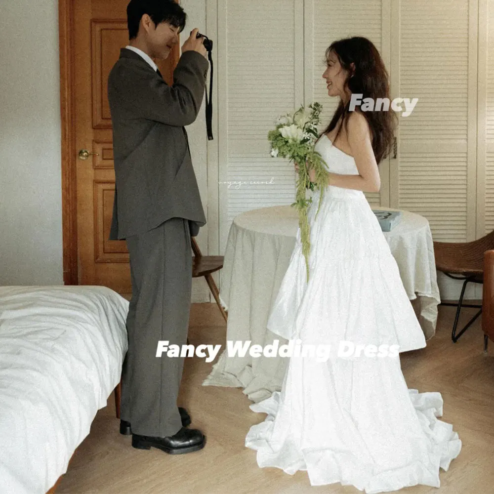 Fancy Simple Strapless Korea Wedding Dress A Line Taffeta Evening Dresses Back Corset Tiered Skirt Customized