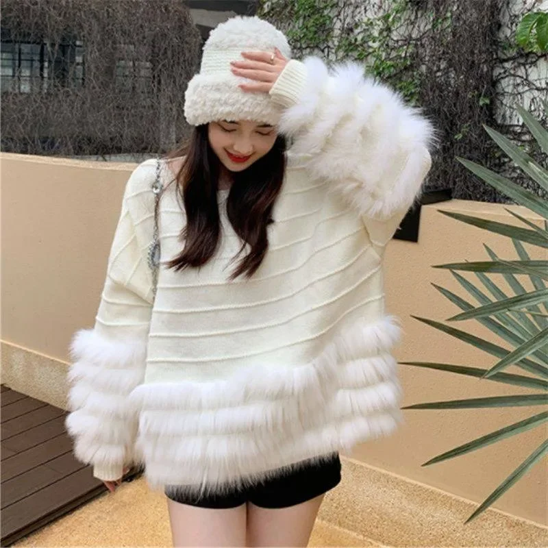 Pullovers Women Stylish Age-reducing Temper Knitted Loose Fit Furry Patchwork Korean Fashion Popular Elegant All-match Autumn