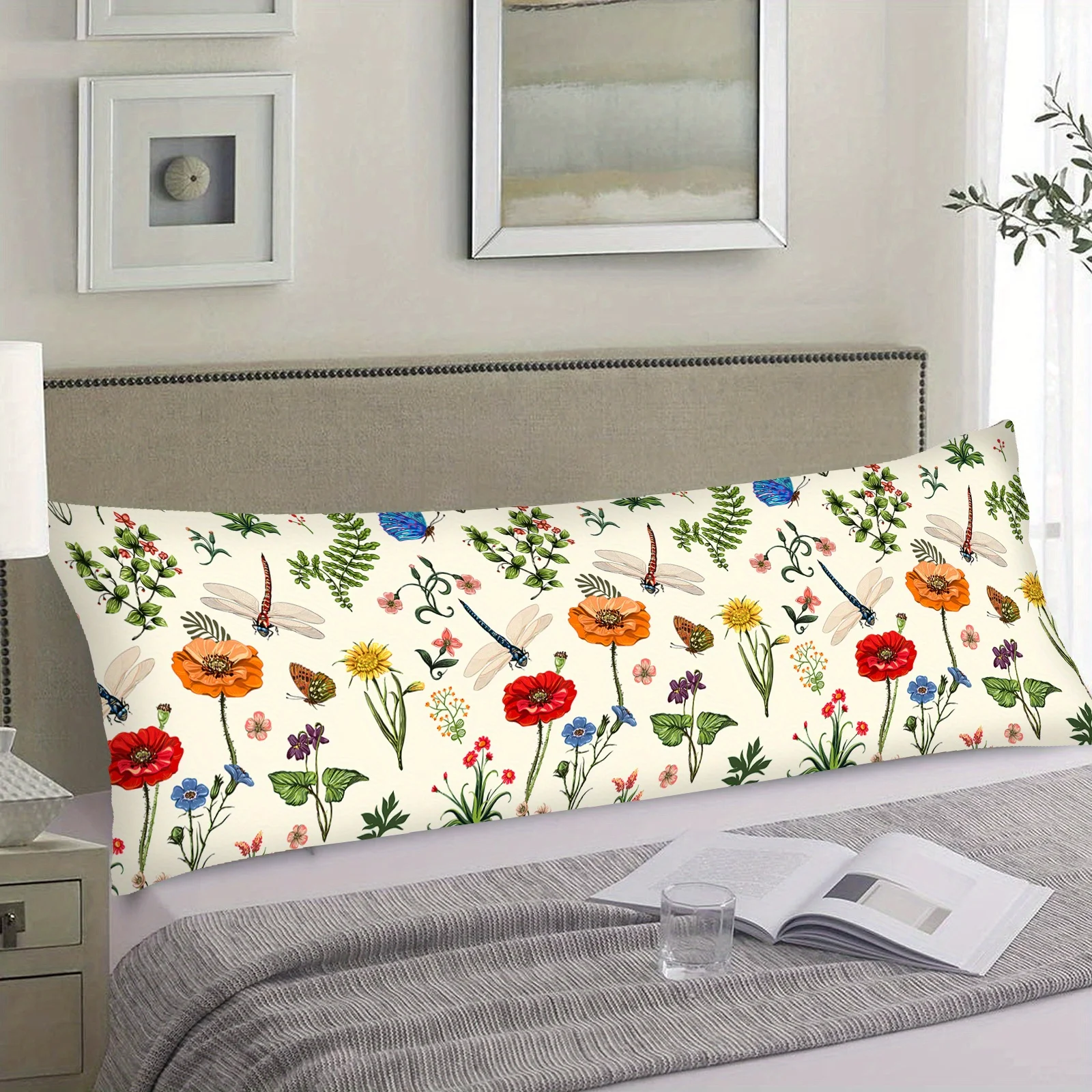 Spring Florals Body Pillow Cover with Zipper Featuring Dragonfly and Garden Flower Design, Soft Bedding for Bed or Couch