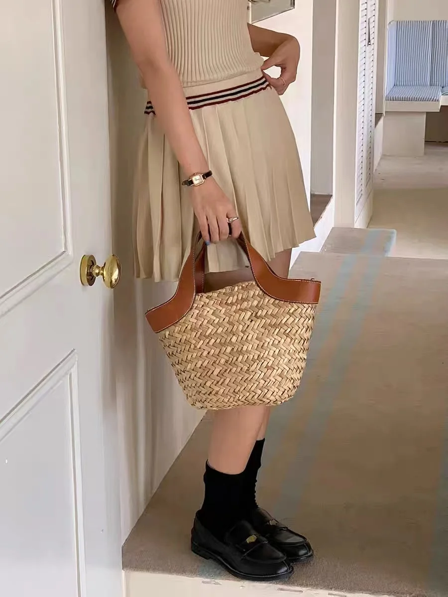 Summer Straw Woven Handmade Bucket Bag Women Handbag Lady Purse Female Fashion Shoulder Messenger Bag Holiday Vacation Beach Bag