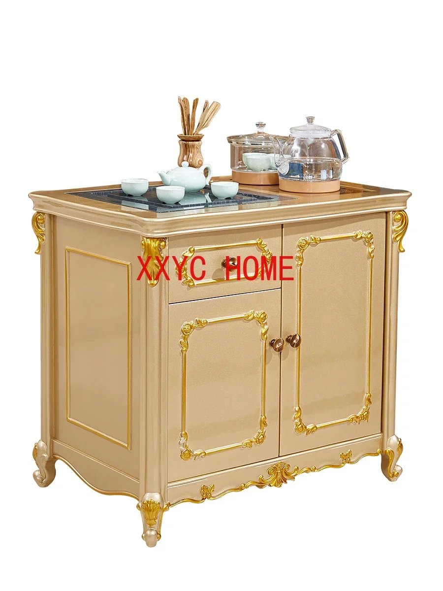 European Champagne Gold French Mobile Household Tea Brewing Balcony Marble Tea Table Solid Wood