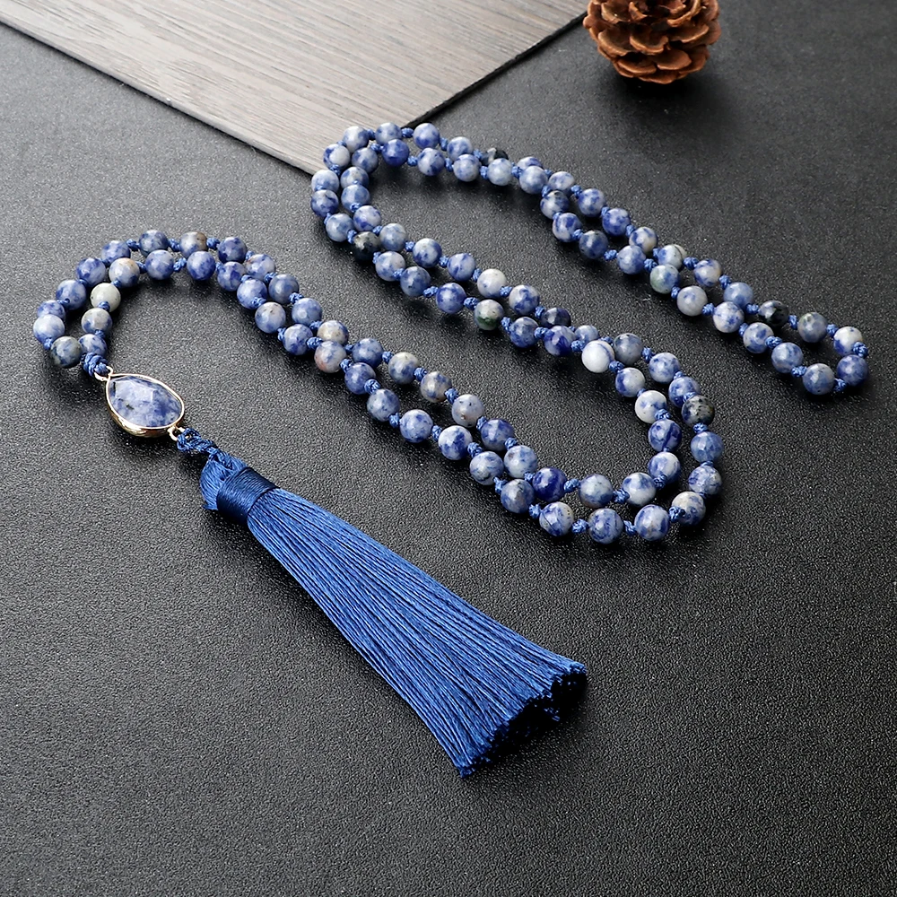 New Prayer 108 Mala Beads Tassel Pendant Necklace 6mm White Dot Blue Natural Stone Bracelet&Bangle Chain Jewelry Gift Friend