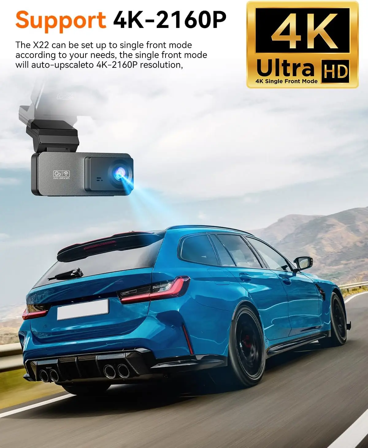 كاميرا داش خلفية 4K و3K+1080P، واي فاي، رؤية ليلية، وضع وقوف السيارات 24 ساعة، التحكم في التطبيق، بطاقة 64 جيجابايت مجانية