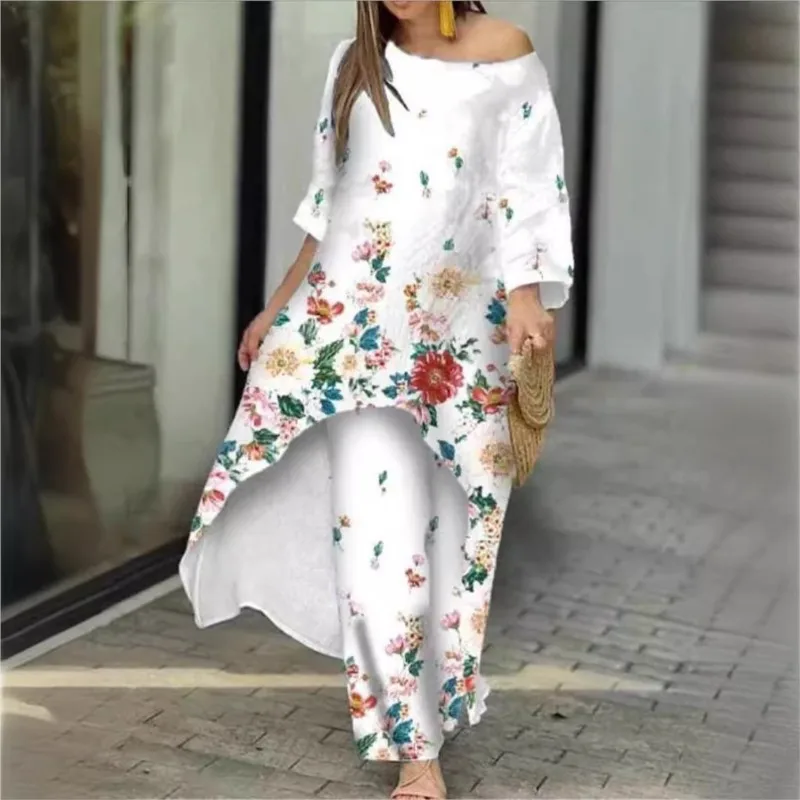 

Women's Floral Print 2 Piece Sets Pant Set Irregularity Round Neck Full Sleeve Tops Splice Casual Loose Wide Leg Long Pants Suit