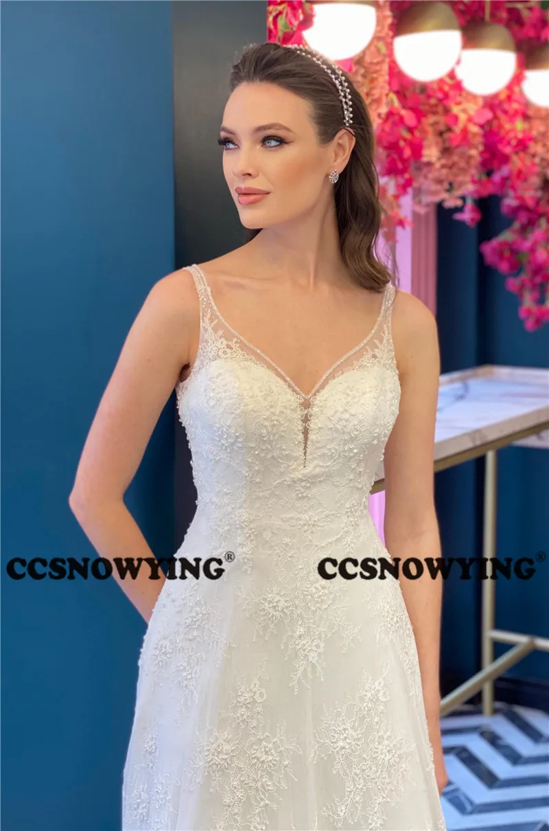 Moda laço espaguete cinta vestido de casamento para noiva duplo v pescoço sem mangas vestidos de noiva longo uma linha robe de mariée