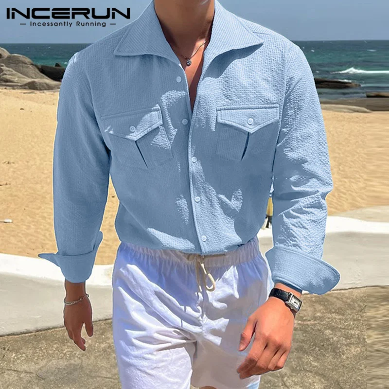 

INCERUN Men's Shirt Solid Color Lapel Long Sleeve Button Pockets Casual Men Clothing Streetwear 2024 Fashion Leisure Male Shirts