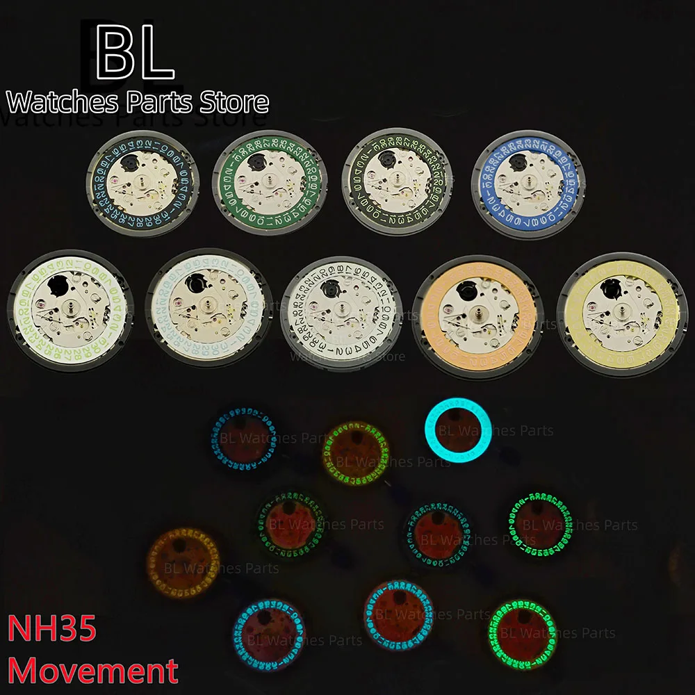 BLIGER New Original NH35A Movement Green/Blue Luminous Calendar Disc Blue Green Gold Datewheel High Accuracy Replace Movement