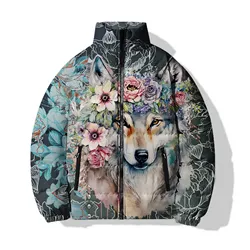 Personalized Floral Wolf Print Winter Men's Coat Trendy and Fashionable Printed Cotton Clothing Casual and Versatile Man Jackets