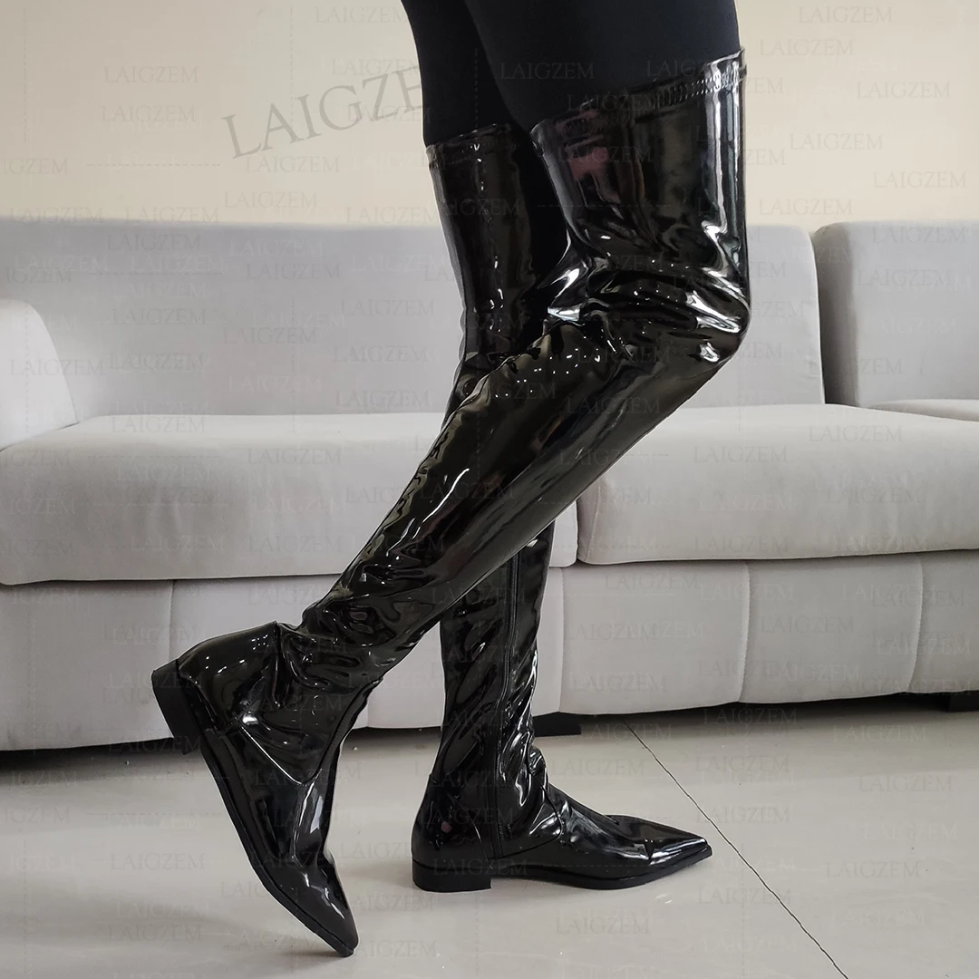 BERZIMER Women Thigh High Boots Side Zipper Low Heels Boots Over Knee Handmade Botas Ladies Shoes Woman Plus Size 37 41 43 45