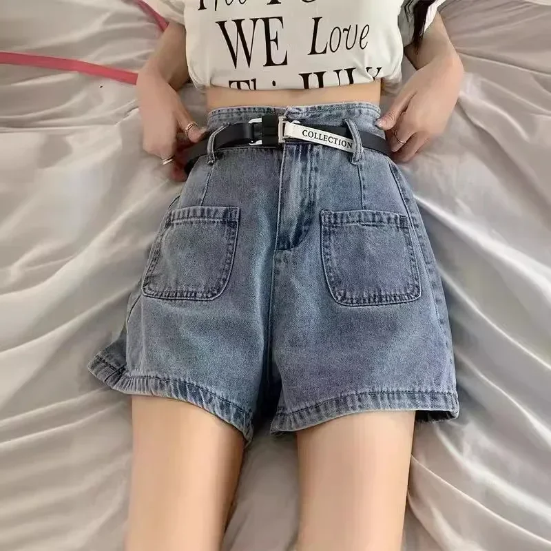

NICE Retro Fashion High Waist Denim Shorts Women Summer New Wide Leg Loose Slim A- Line Pocket Pants Stylish Straight Jeans