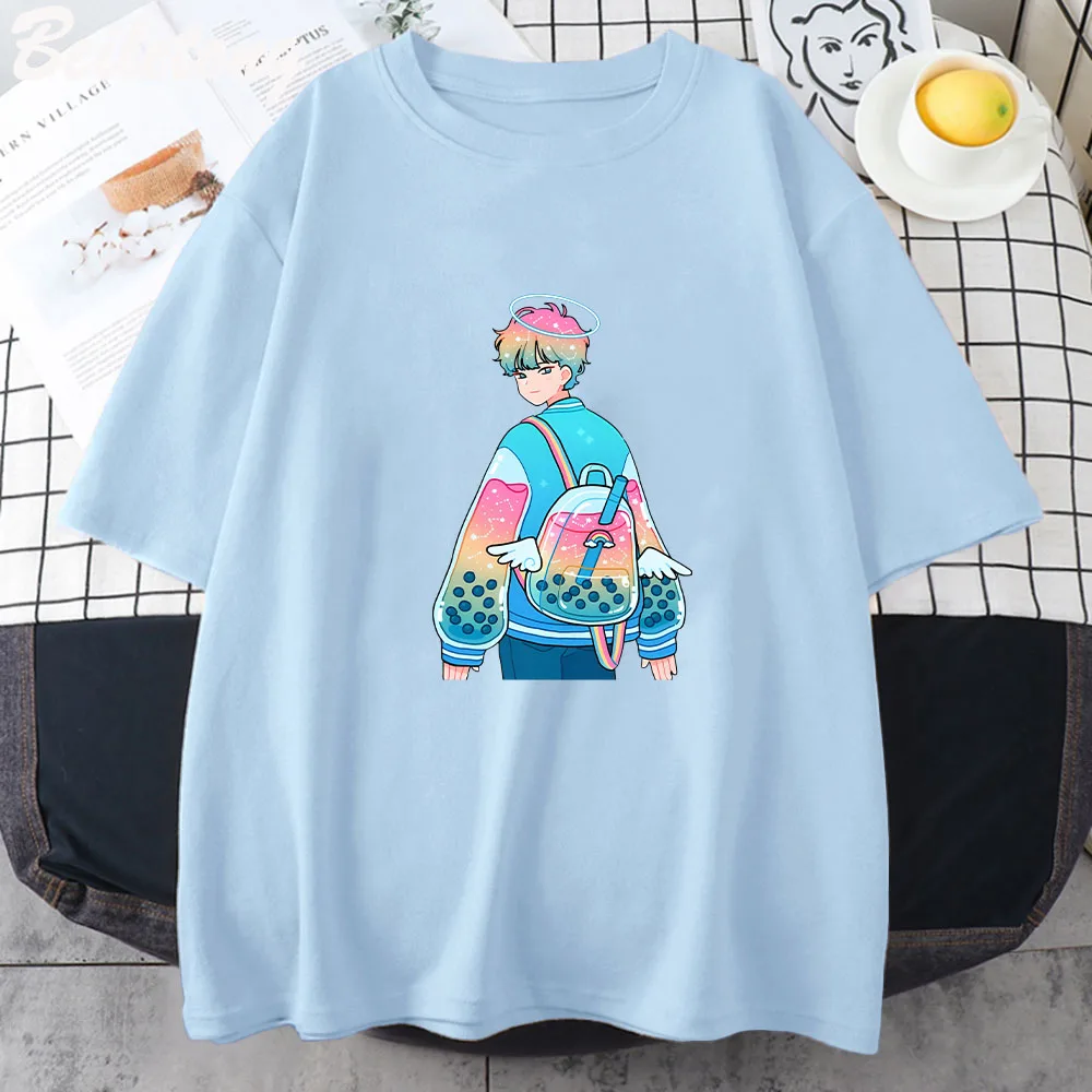 Rainbow Boba T-Shirt Women Popular T Shirt Cartoon Graphic Print Women`s  Clothing Tops Summer Oversized T Shirt Girls Tshirts