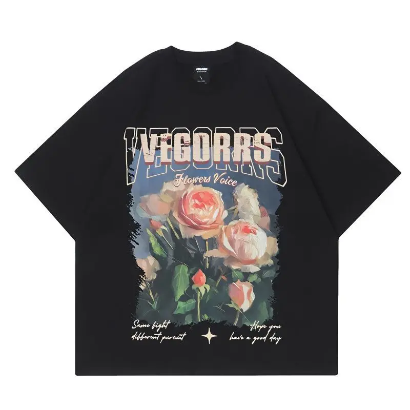 

Heavy Cotton 280g High Street Flower Print Tide Ins American Large Size Loose Short Sleeve T-shirt Couple Men and Women