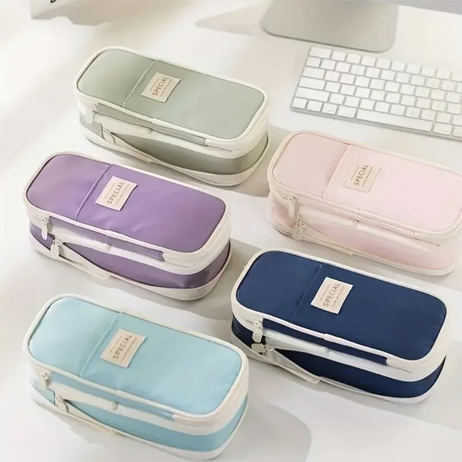 Canvas Pencil Case Macaron Colour Combination Simple Double Zip Multifunctional Retractable Pencil Case for Students Stationery