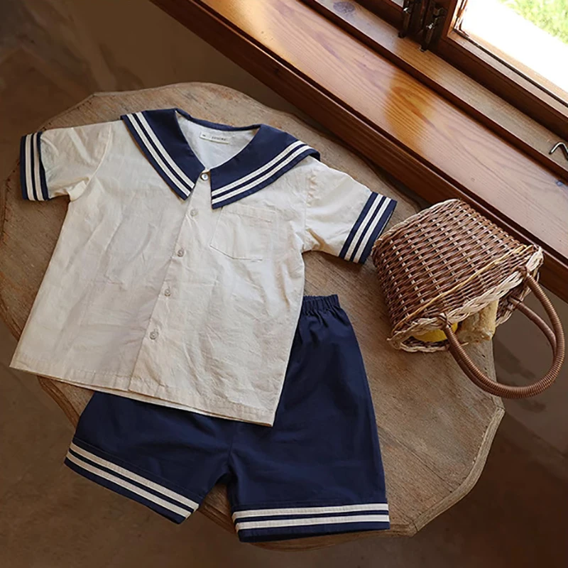 Baby Boy Girl Clothes Sets Sailor Collar Soft Cotton Fashion Baby Navy Uniform Baby Costume